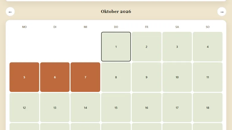 Ausschnitt der Beispiel-Ferienwohnung: Belegungskalender mit freien und belegten Tagen