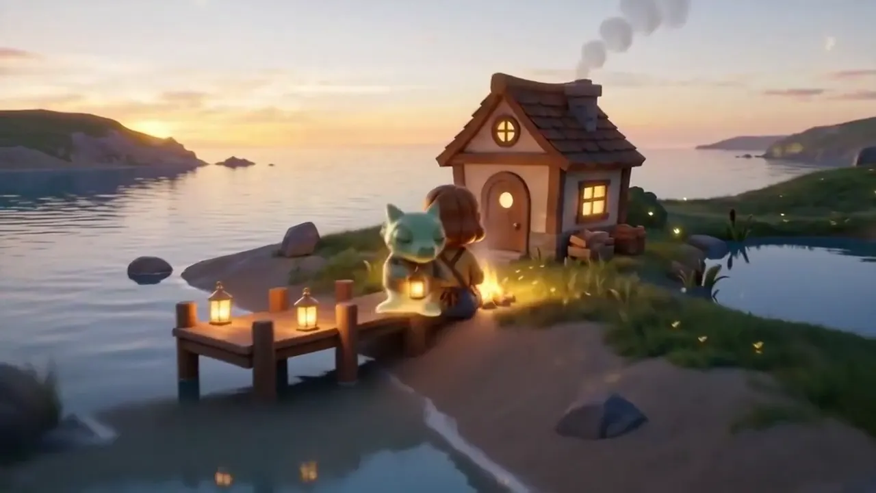 Szene aus dem Spiel Nibby: Ein Kind und ein kleines Wesen mit Laterne sitzen abends am Steg vor einem Häuschen am Wasser.