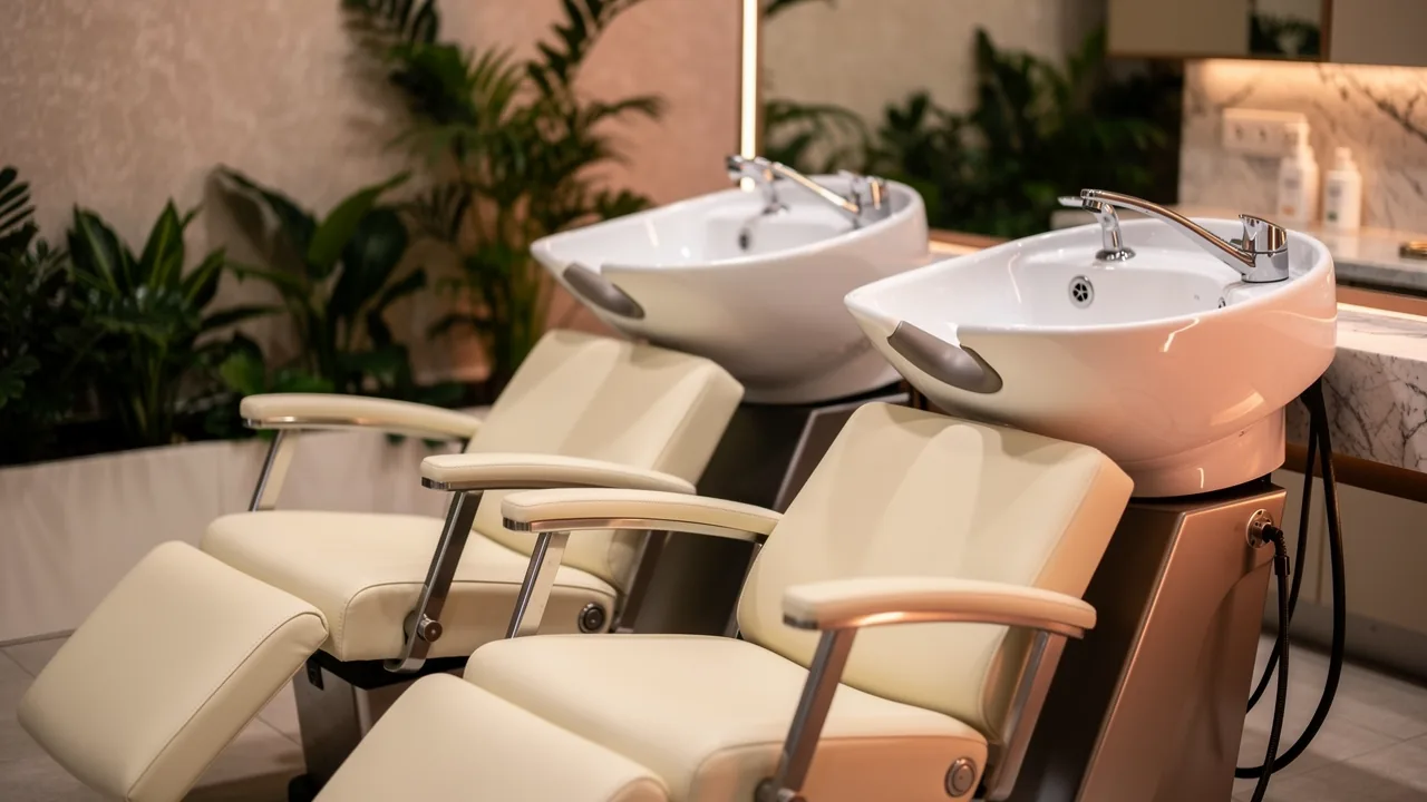 Waschbereich mit warmem Licht im Salon